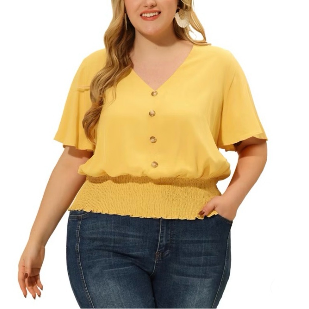 Plus Size Smocked Waist V Neck Button Up Short Sleeve Shirred Blouses Yellow